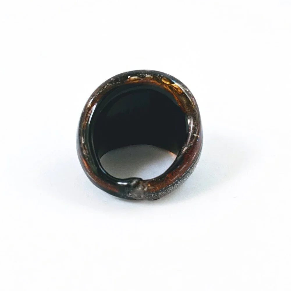 Vintage Brown Silver & Black Stripes Art Glass Domed Shimmery Wide Chunky Ring